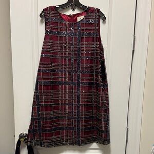 Tuckernuck Burgundy and Navy and Gold Metallic Tartan Plaid knee length Dress